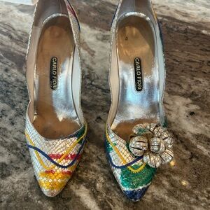 VINTAGE Carlos Fiori Multicolor Sequin Heels, 7b (have wear/flower can move)